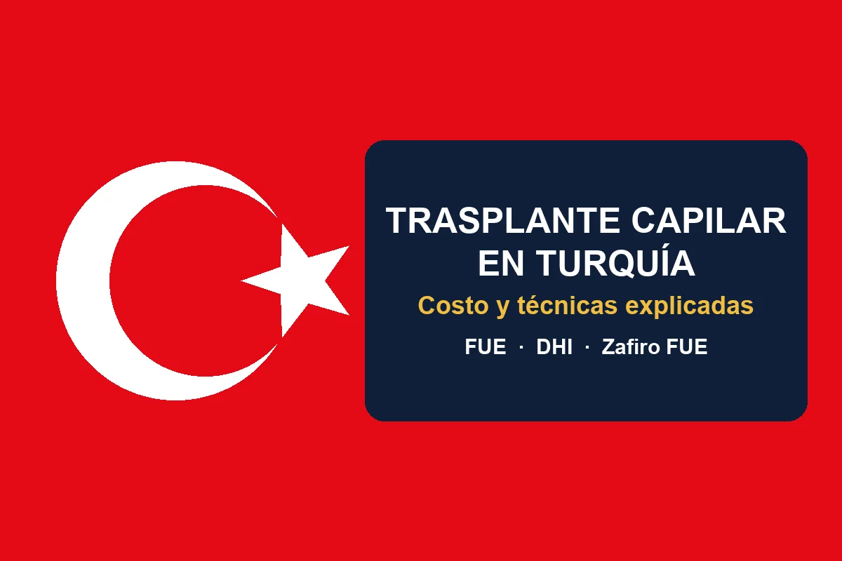 Bandera de Turquía con el título: trasplante capilar en Turquía, costo y técnicas